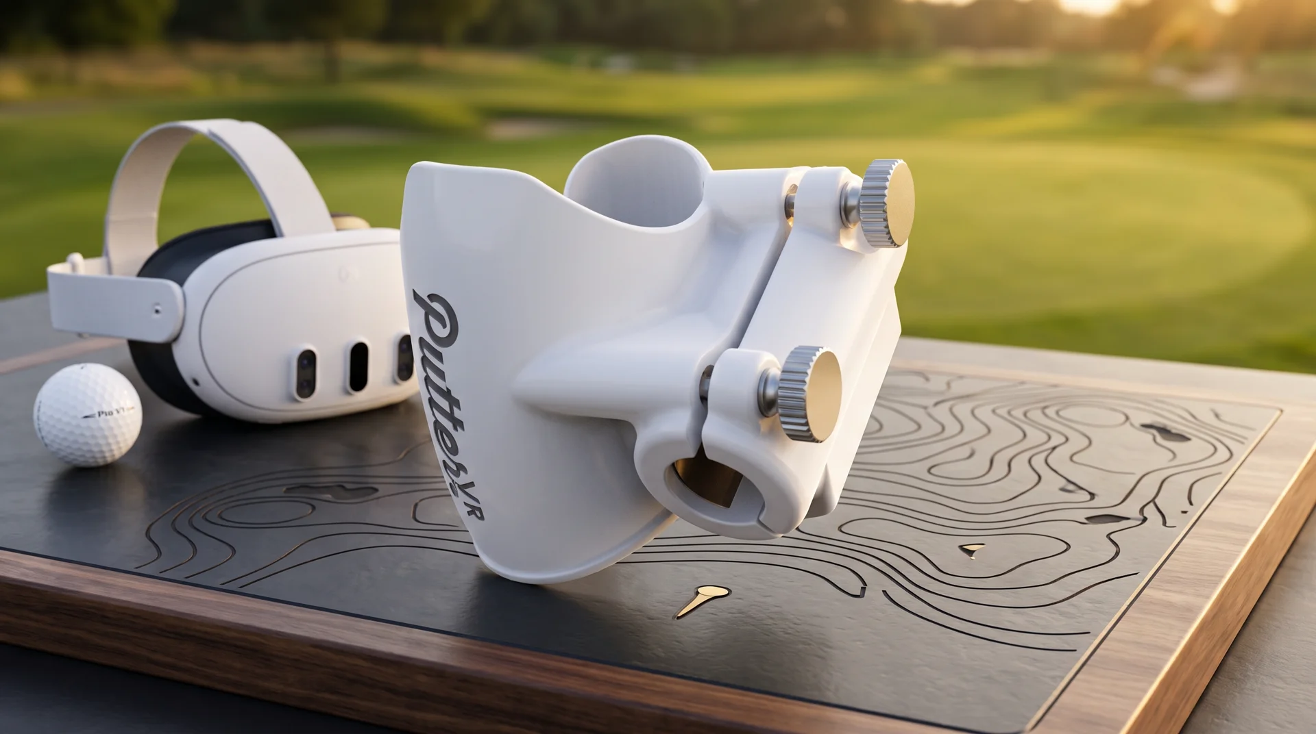 PutterVR mount with a Meta Quest 3 headset and golf ball on a golf course at sunset